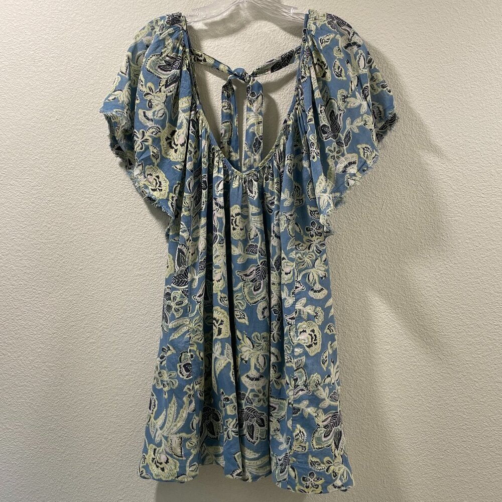 FREE PEOPLE "Kauai Getaway" Tunic Mini Dress Flutter Sleeve Blue/Green Floral L - Picture 2 of 13